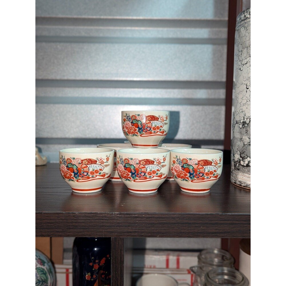Vintage Kutani Japanese Sake Tea Cup Yunomi Signed‎ Ware Sencha Pottery Set Of 7